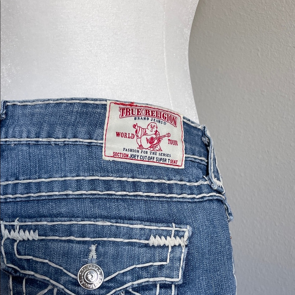 True Religion Blue Frayed Denim Shorts - Picture 3 of 4
